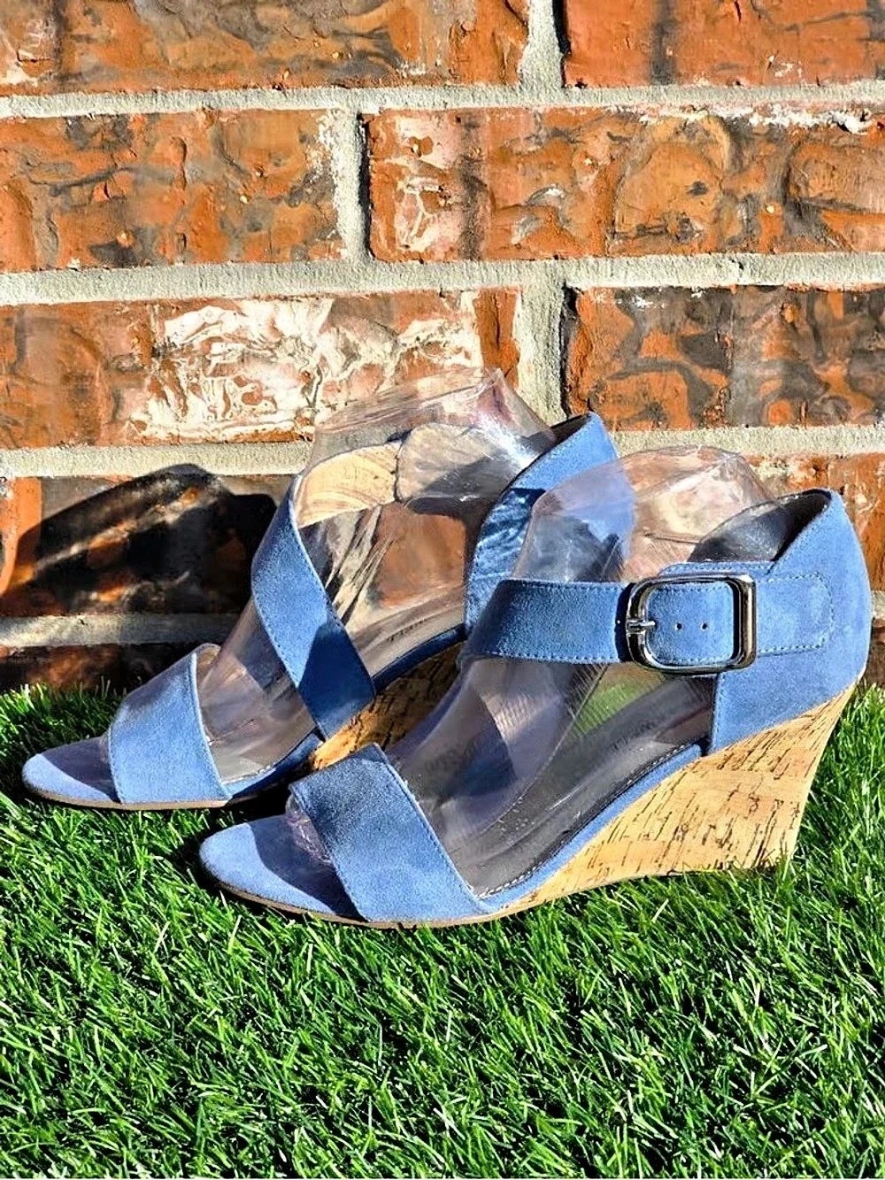 Time and Tru Light Blue Suede Crisscross Wedge Sandals